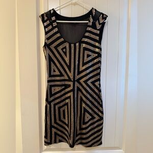Express Black and Gold Patterned Mini Dress